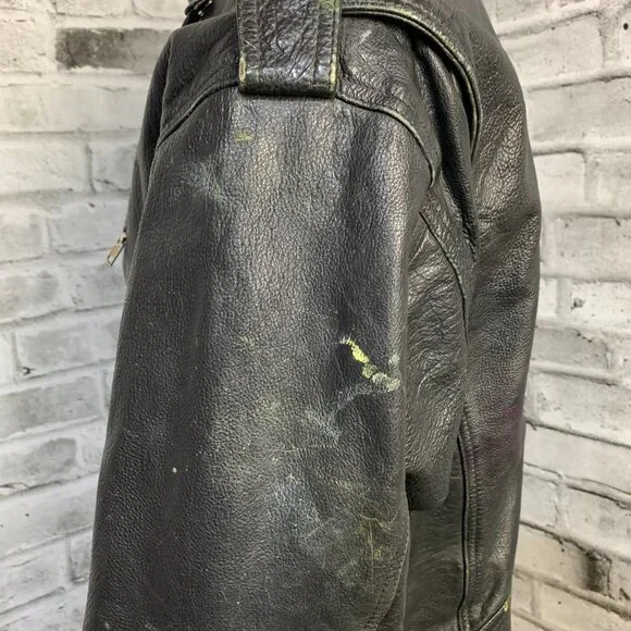 Vintage Black Leather Motorcycle Jacket Mens XL Biker Distressed Moto Coat - Picture 9 of 16